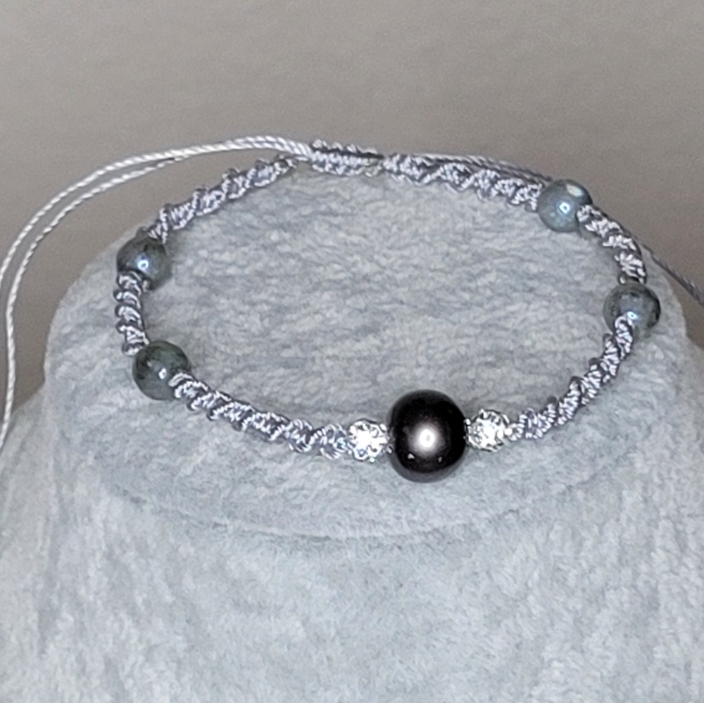 Gorgeous Black Tahitian Pearl and Dolomite Macrame-Style Adjustable Bracelet
